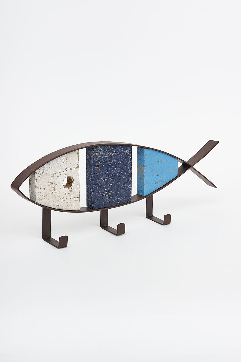 Porte-manteaux poisson bois et métal