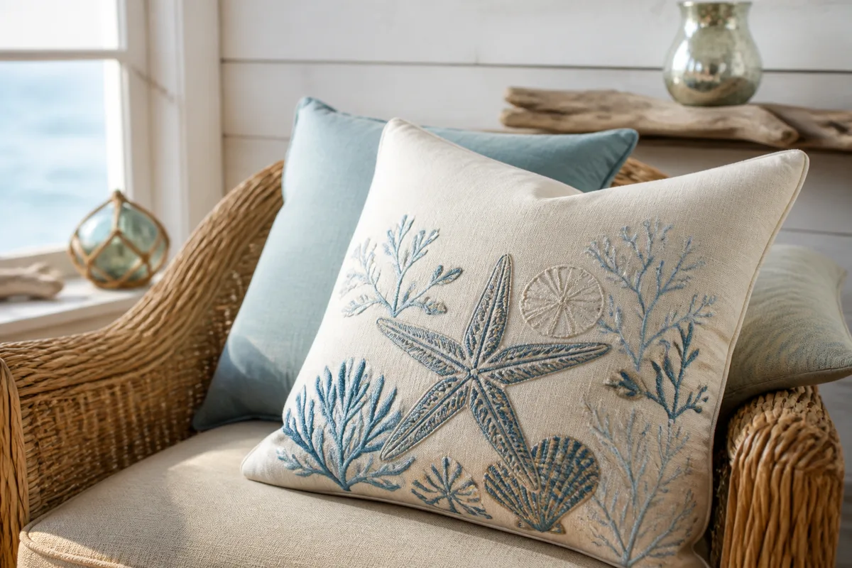 Coussin en coton brodé d’un motif marin posé sur un fauteuil en rotin, garnissage bien rempli