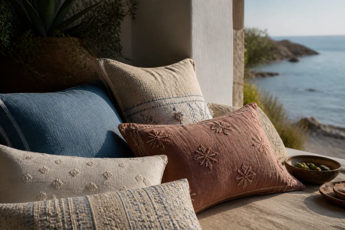 Coussins bord de mer : lin lavé, coton brodé et couleurs qui tiennent au soleil
