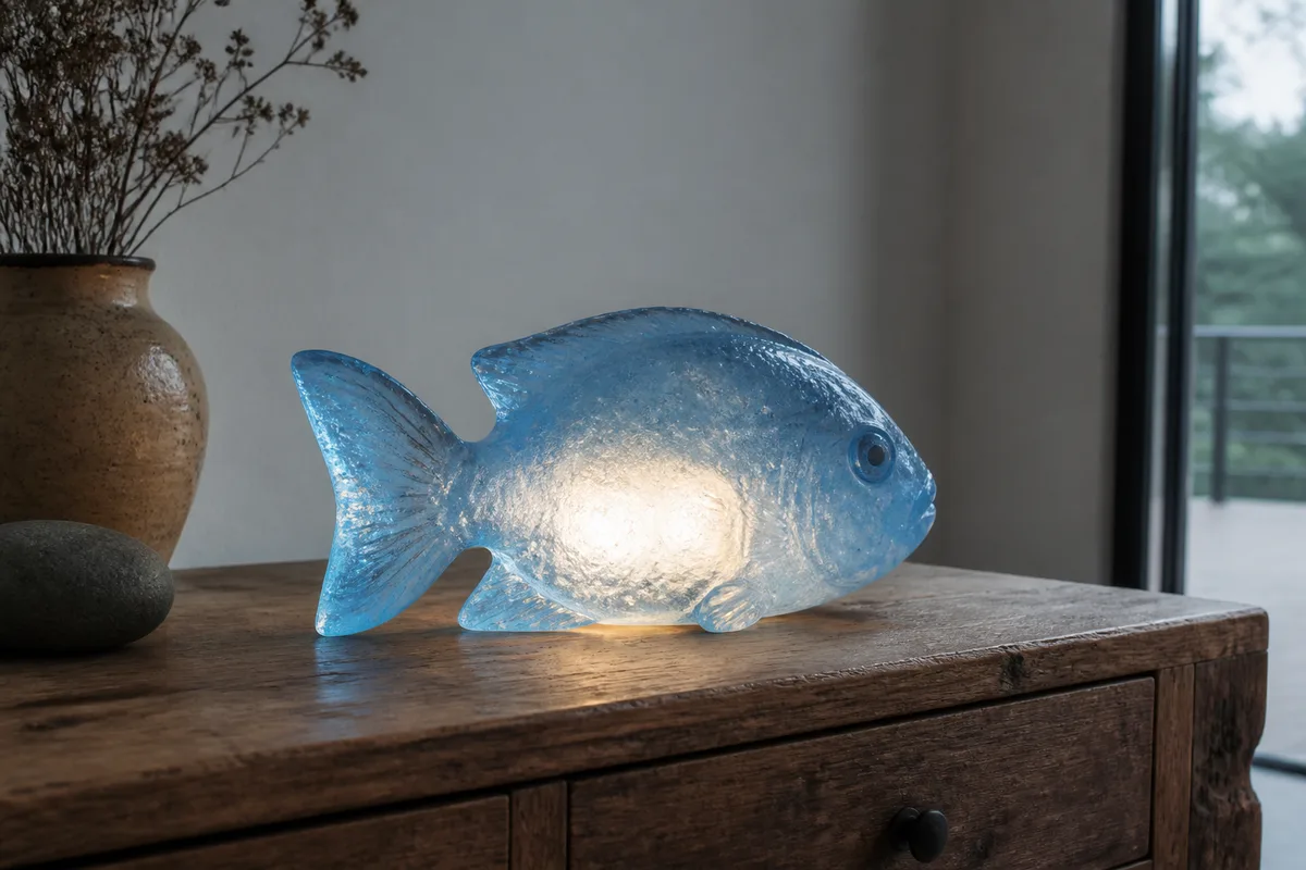 Lampe en forme de poisson en résine bleue translucide allumée sur une console en bois