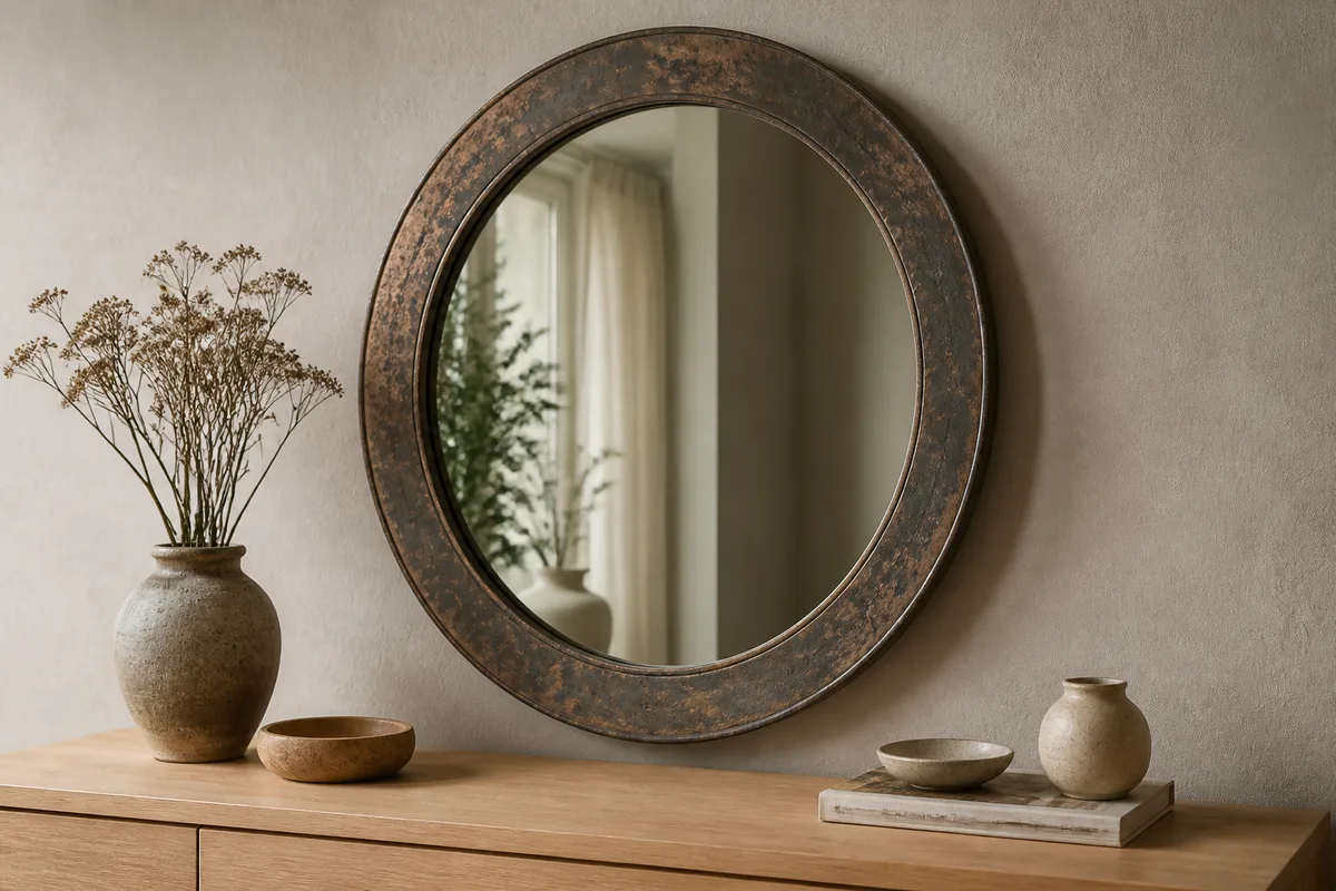 Miroir rond à cadre en métal patiné posé au-dessus d’une console en bois clair