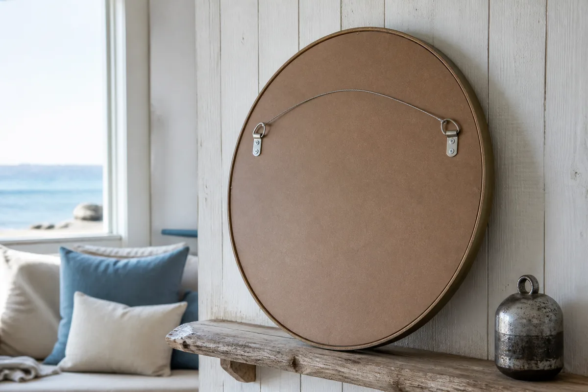 Détail de la fixation au dos d’un miroir rond, deux points d’ancrage et suspente métallique