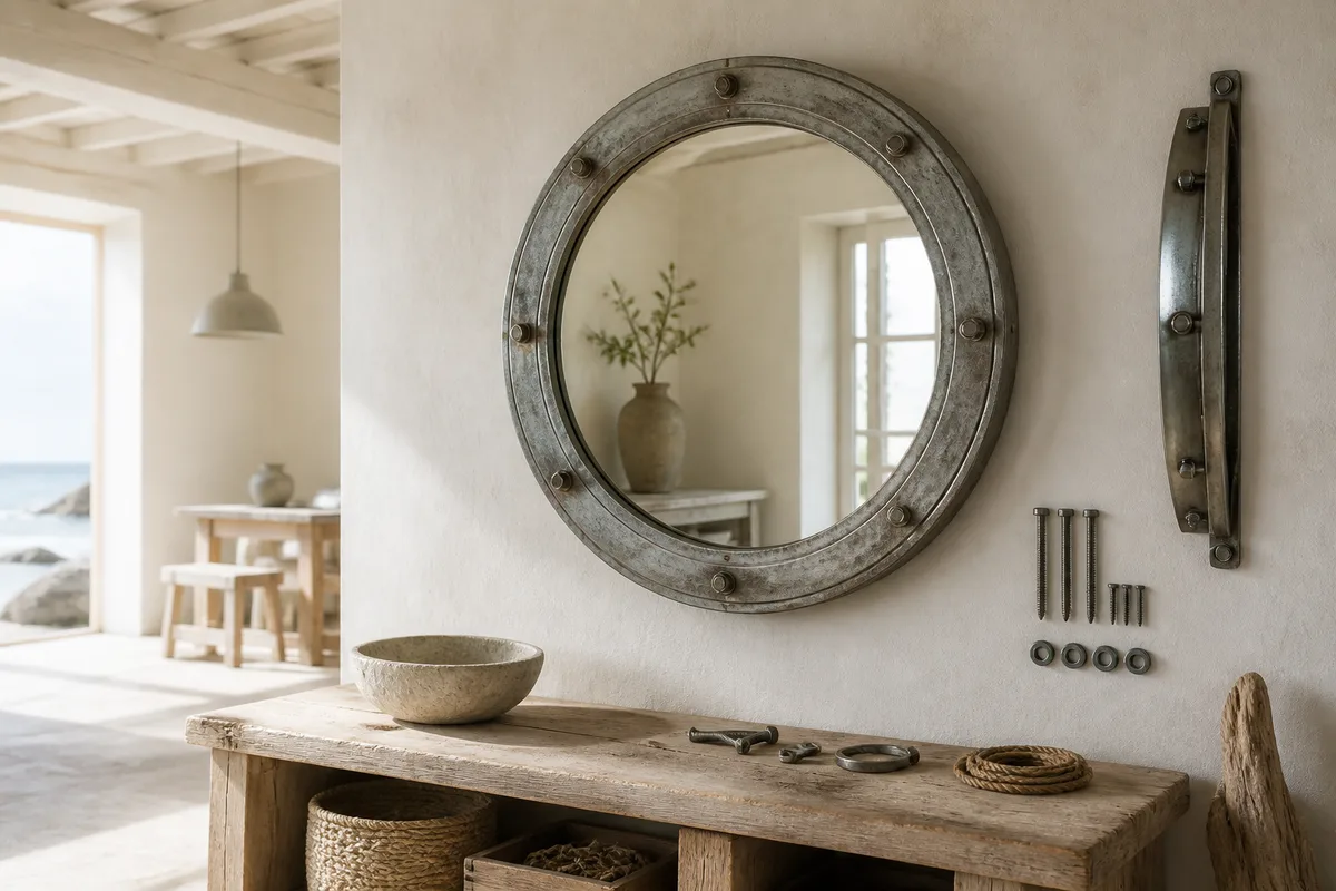 Miroir hublot en métal recyclé : diamètre, épaisseur et pose au mur