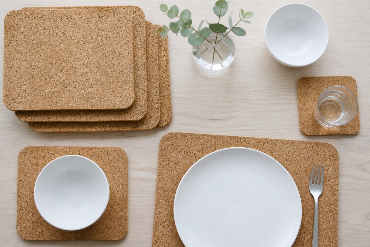 Sets de table en liège épais empilés sur une table en bois clair avec vaisselle blanche