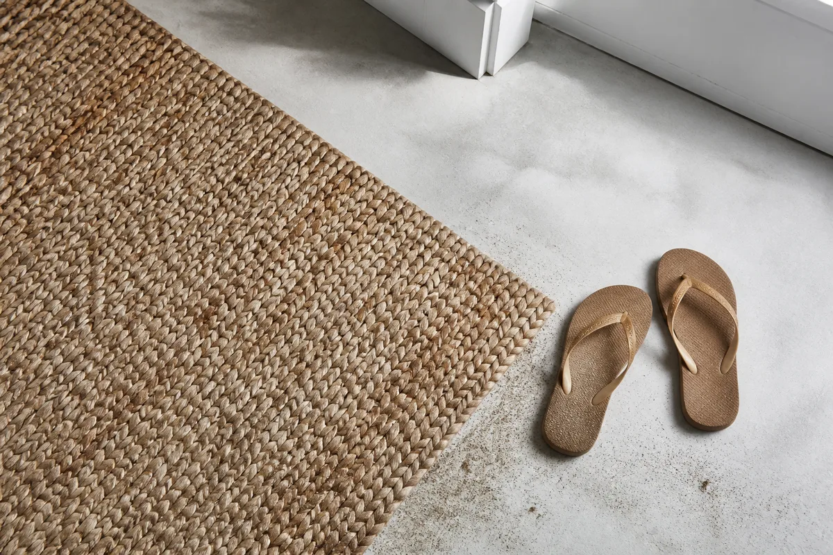 Tapis en jonc de mer tressé posé dans une entrée claire, sandales et sable au bord