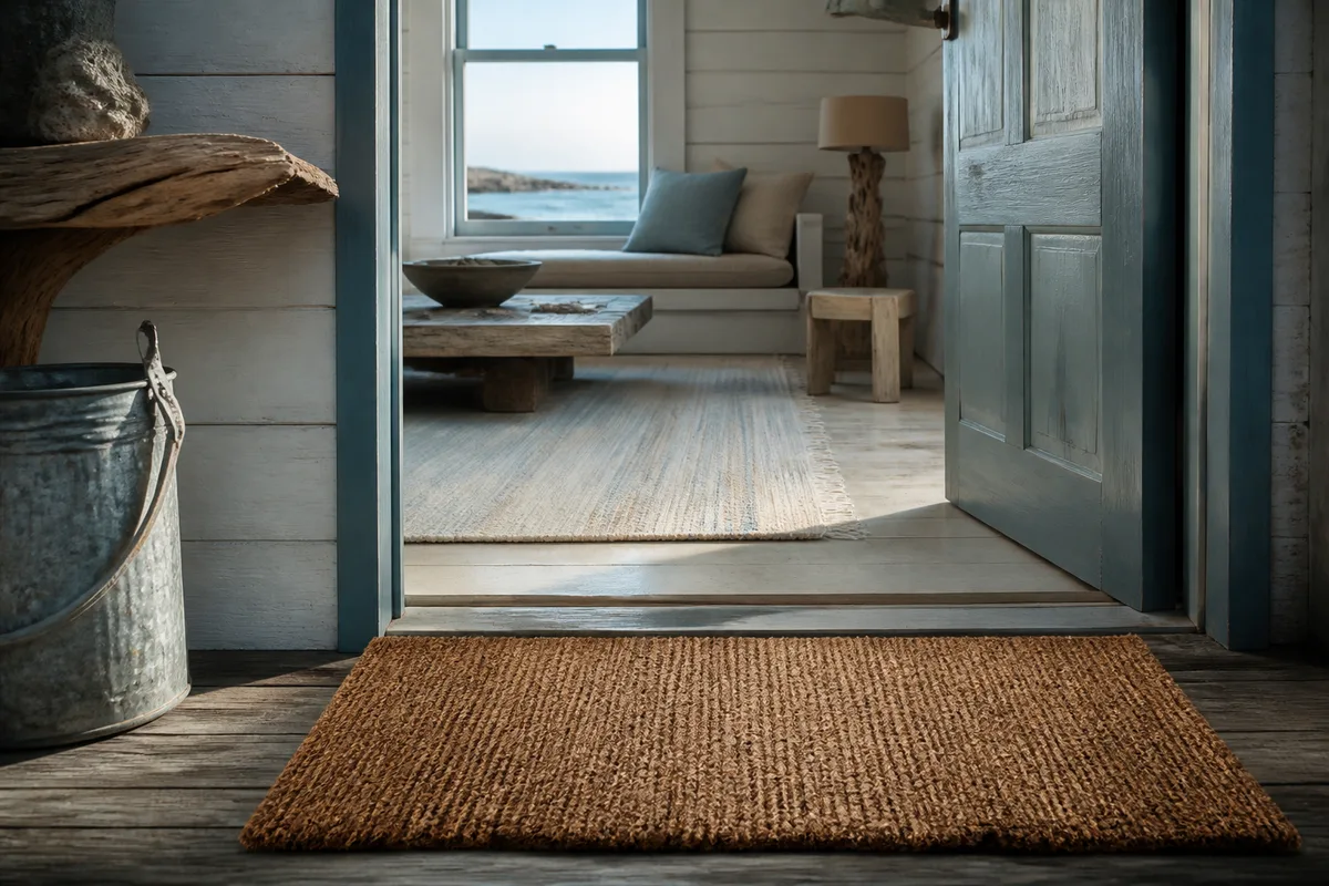 Paillasson en fibre de coco devant une porte en bois peinte, avec un tapis clair à l’intérieur